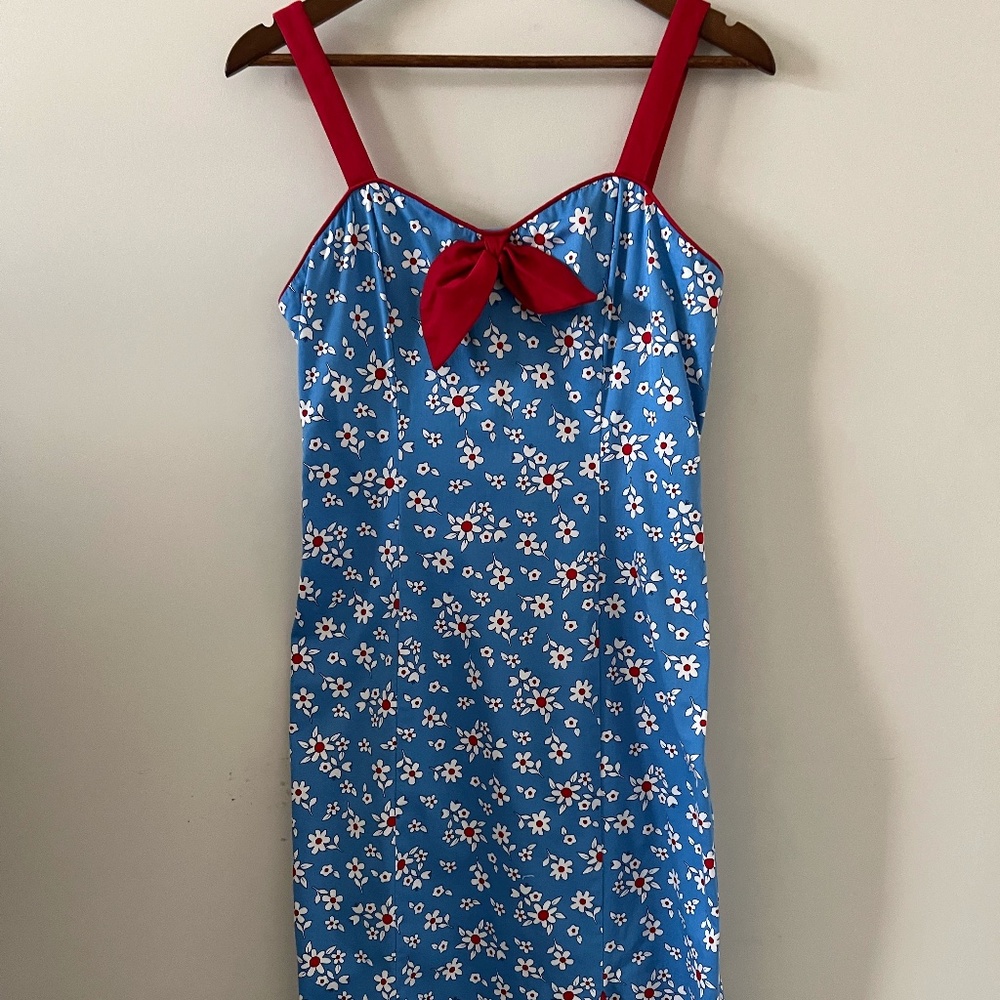 Voodoo Vixen Blue Floral Mini Dress with Red Straps and Bow Accent
